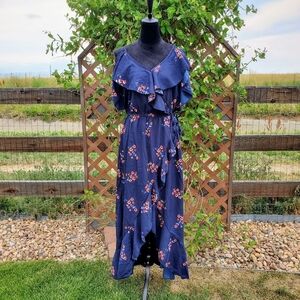 Indulge Women's Size XL Blue and Coral Floral Off Shoulder High Low Dress NWOT